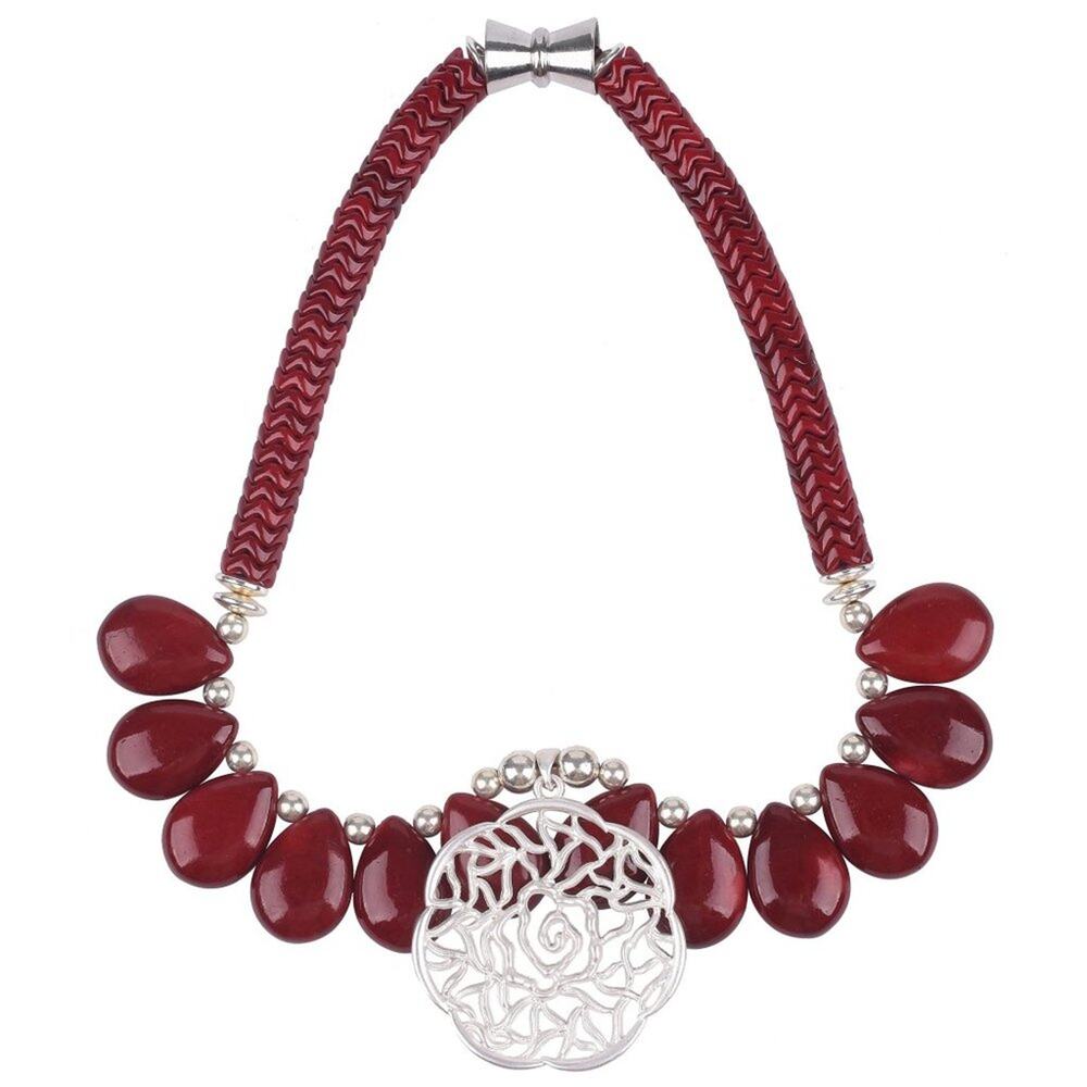 Handmade Chunky Red Coral Beaded Necklace | Statement Jewelry | Flower Pendant